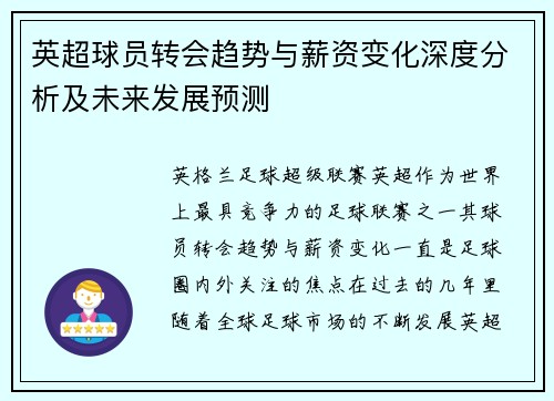 英超球员转会趋势与薪资变化深度分析及未来发展预测