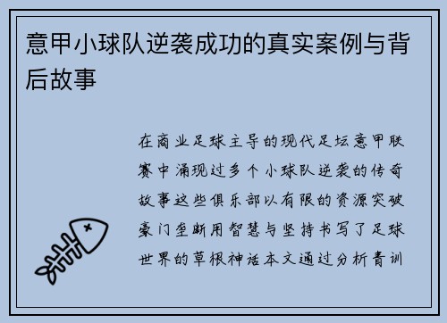 意甲小球队逆袭成功的真实案例与背后故事