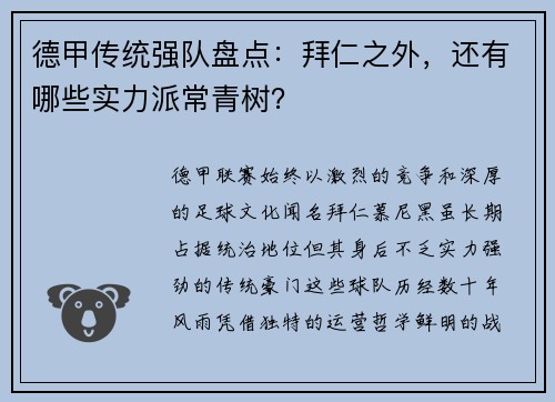 德甲传统强队盘点：拜仁之外，还有哪些实力派常青树？