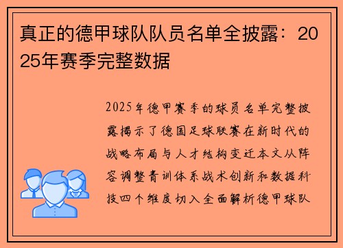 真正的德甲球队队员名单全披露：2025年赛季完整数据